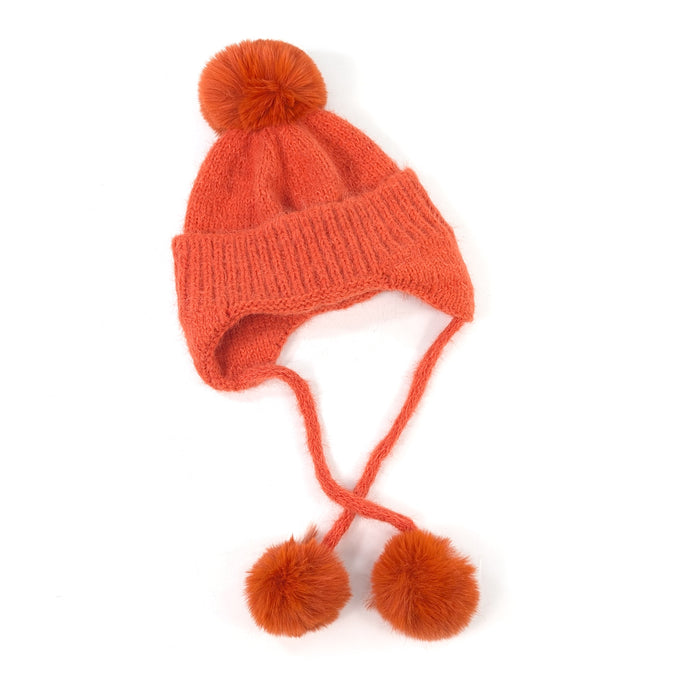 Long Tie PomPom Knitted Hat - Orange