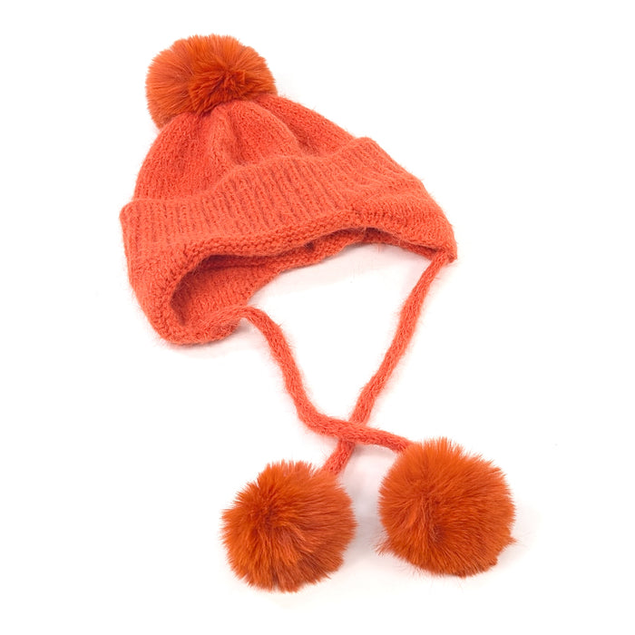 Long Tie PomPom Knitted Hat - Orange
