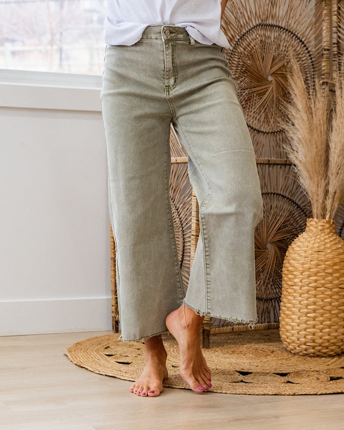 Mae Wide Leg Cropped Jeans - Light Olive Zenana