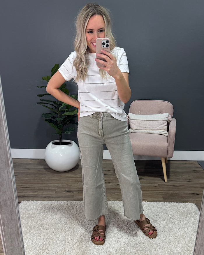 Mae Wide Leg Cropped Jeans - Light Olive Zenana