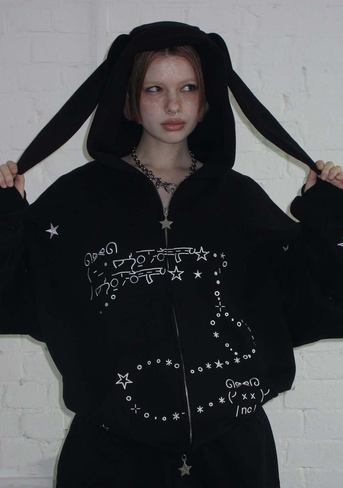 MALFUNCTION BUNNY ZIP HOODIE BLACK (DETACHABLE EARS)