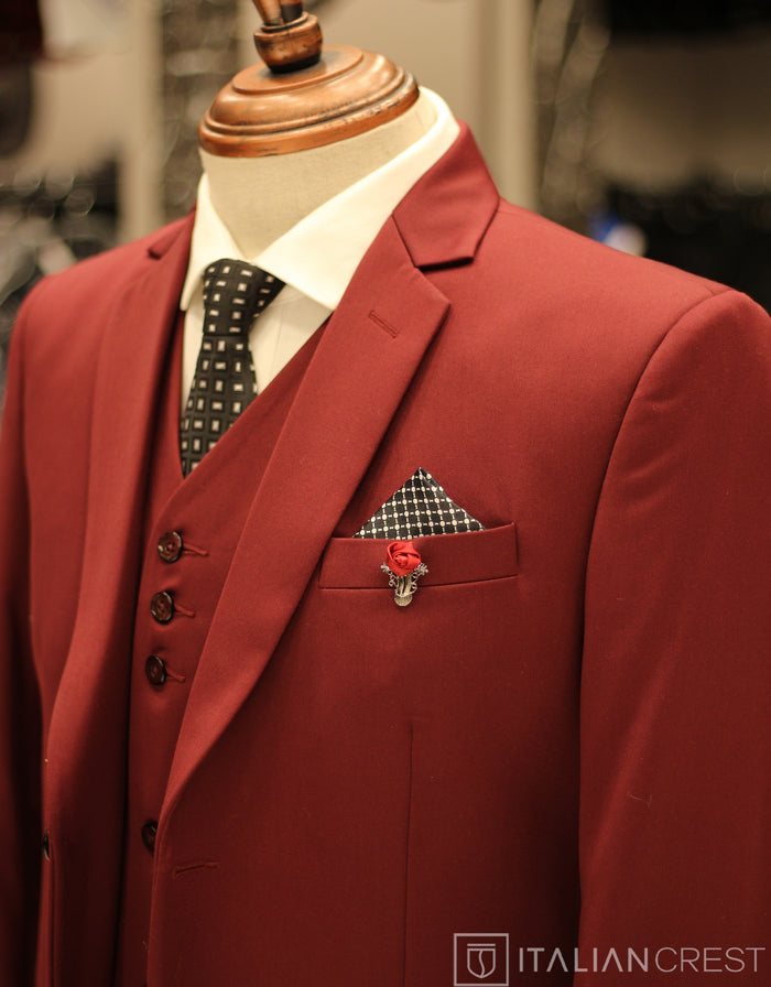 Maroon 3-Piece Notch Lapel Suit