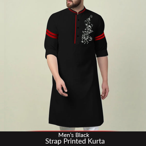 Mens Black Strap Printed Kurta