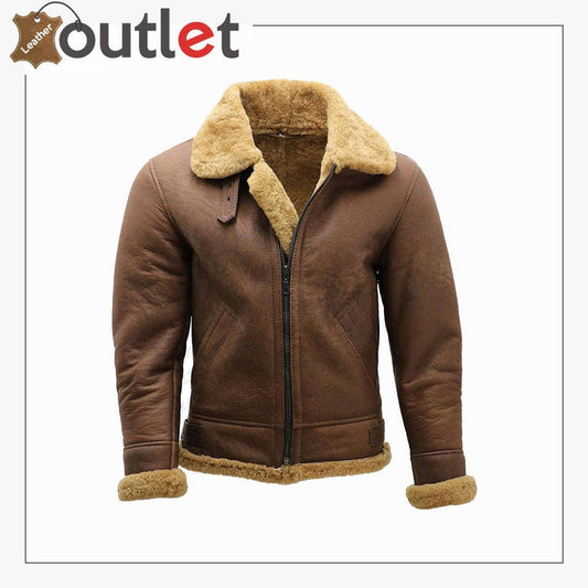 Men's brown B3 shearling sheepskin WW2 bomber flying aviator jacket, front view