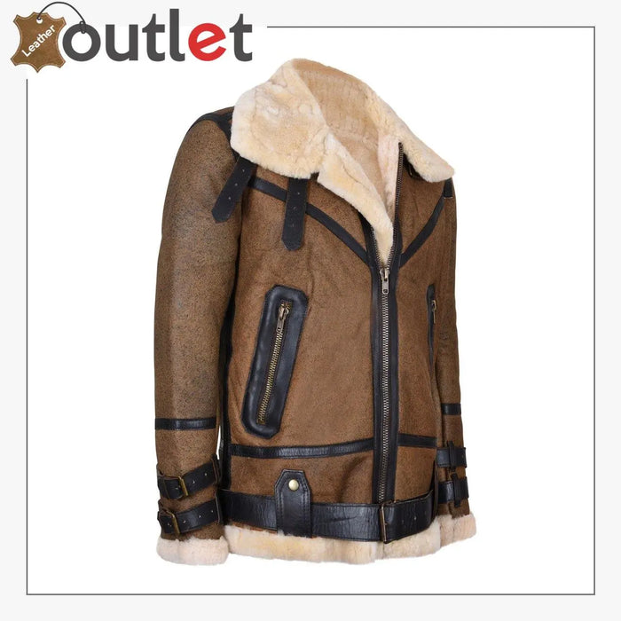 Side view of the brown B3 pilot jacket showing buckled waist belt and aged leather finish