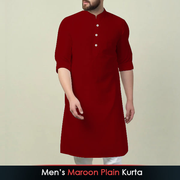 Men's Maroon Plain Kurta