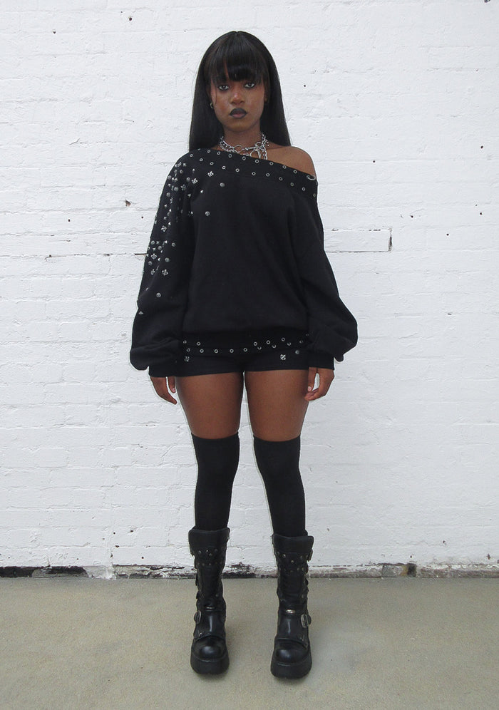 MIDNIGHT STUDDED OFF THE SHOULDER SWEATER BLACK
