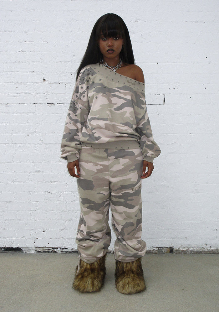 MIDNIGHT STUDDED OFF THE SHOULDER SWEATER CAMO