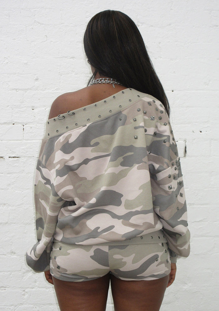 MIDNIGHT STUDDED OFF THE SHOULDER SWEATER CAMO