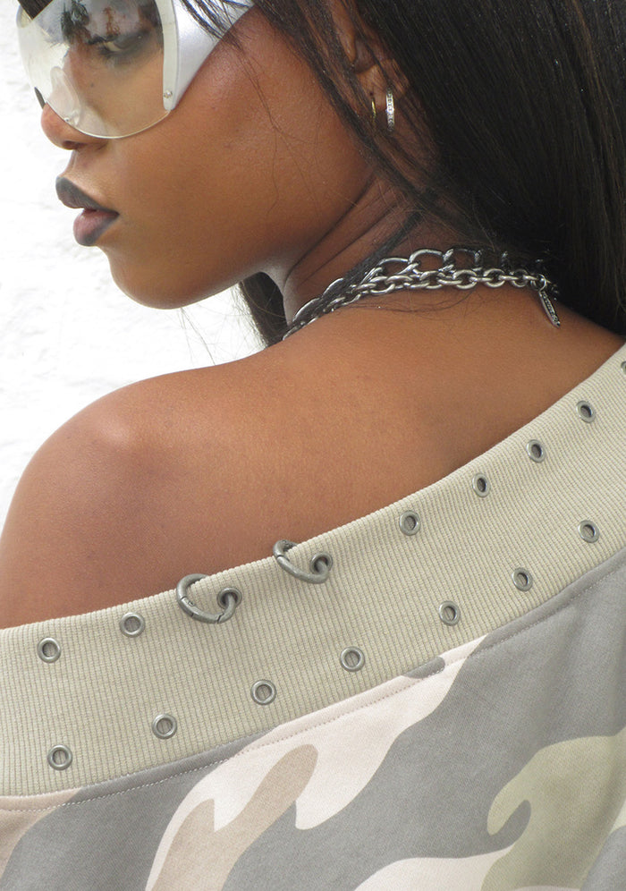 MIDNIGHT STUDDED OFF THE SHOULDER SWEATER CAMO