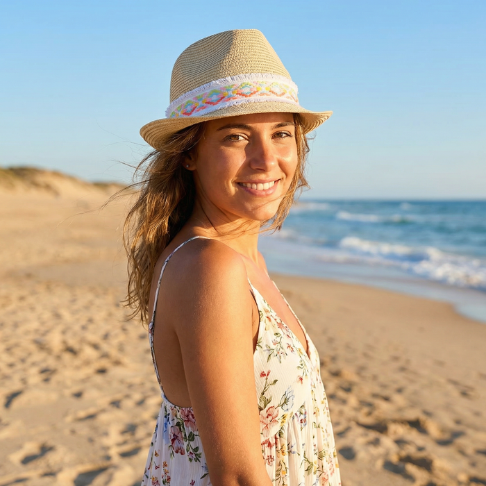 Neon Aztec Foldable Trilby Hat - White (55cm)