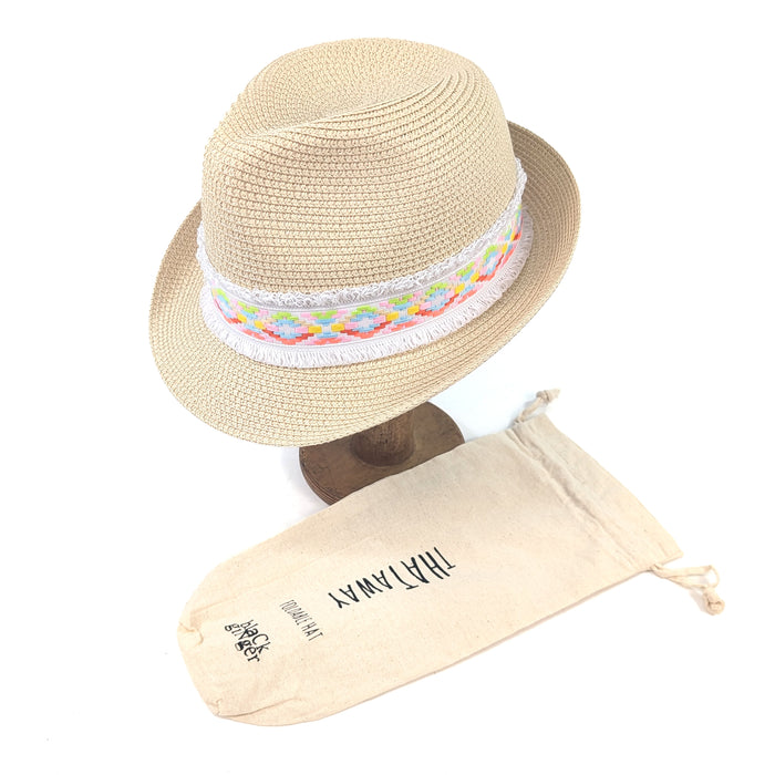 Neon Aztec Foldable Trilby Hat - White (55cm)
