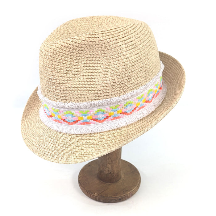 Neon Aztec Foldable Trilby Hat - White (55cm)