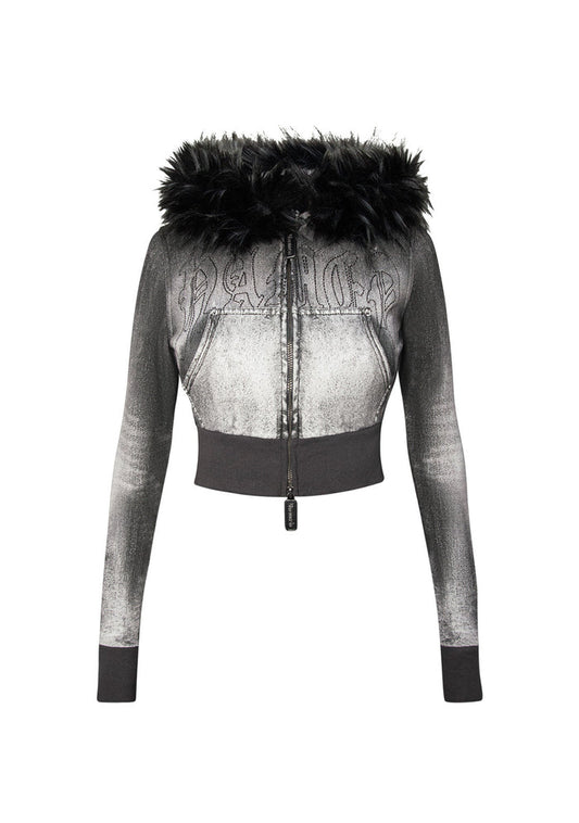 OFF GRID FAUX FUR DENIM EFFECT FITTED ZIP HOODIE WASHED BLACK (DETACHABLE FUR)