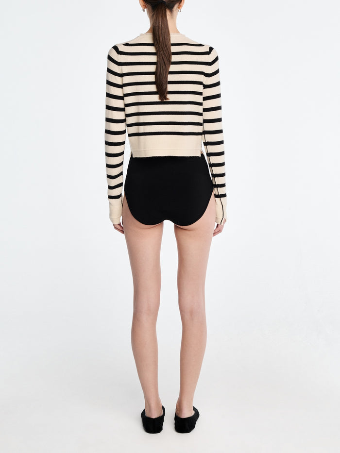 Petite Fringe Cardigan in Ivory/Black Stripe