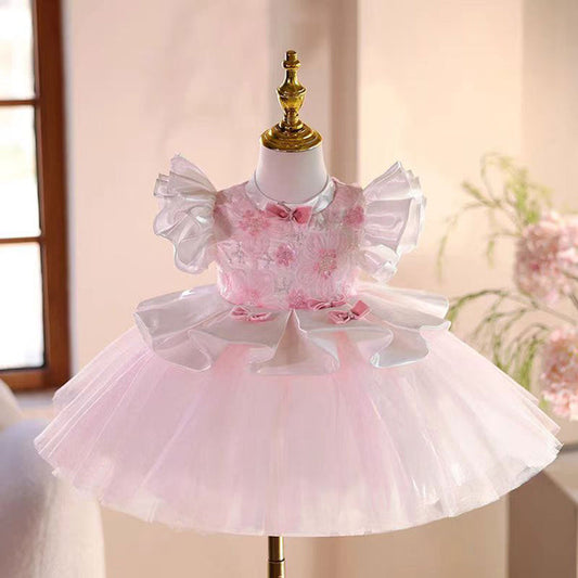 Pink Flower Girl Dress Toddler Kids 1st Wedding Birthday Party Ball Gown J487