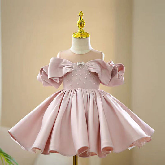 Pink Stain Baby Girl Dress Flower-adorned Sleeveless Ball Gown J765