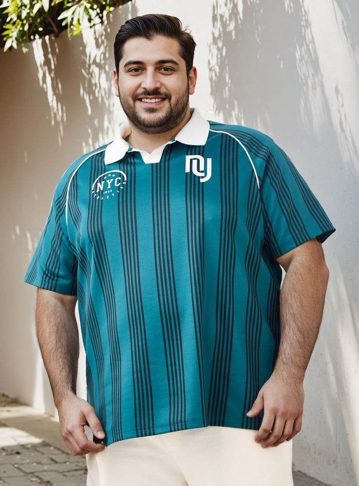 Plus Size Striped Polo T-shirt Blue Model Wearing Dubai