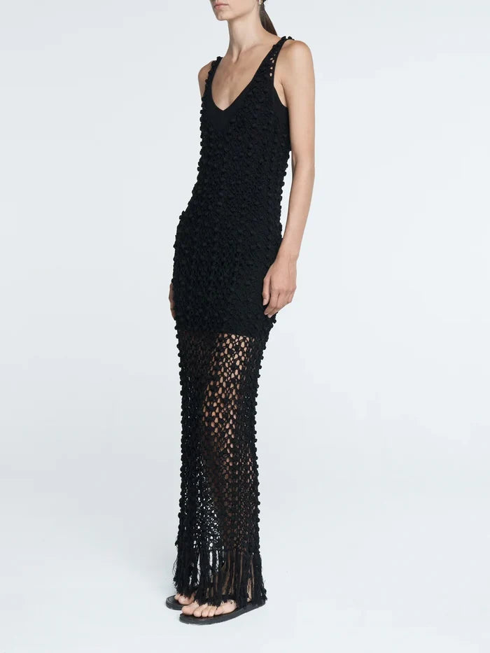 Pom Pom Macrame Dress - Black