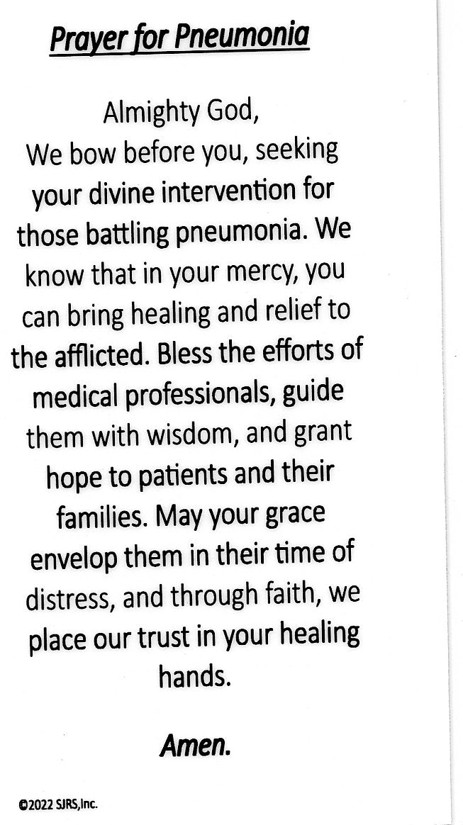 Prayer for Pneumonia U - LAMINATED HOLY CARDS- QUANTITY 25 PRAYER CARDS