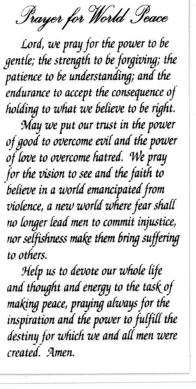 Prayer for World Peace U - LAMINATED HOLY CARDS- QUANTITY 25 PRAYER CARDS