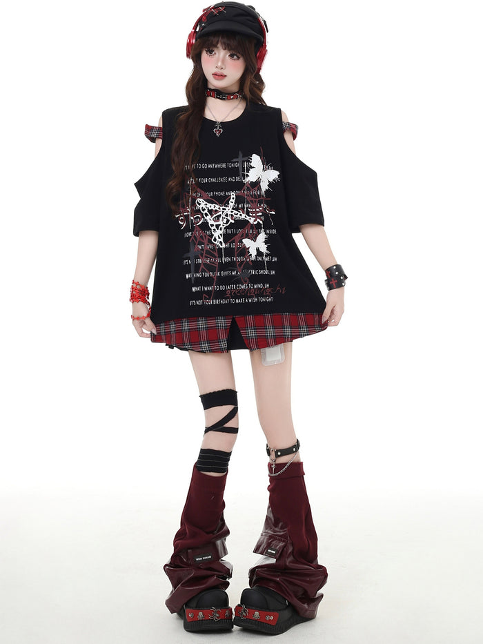 Punk Plaid Cold Shoulder T-Shirt