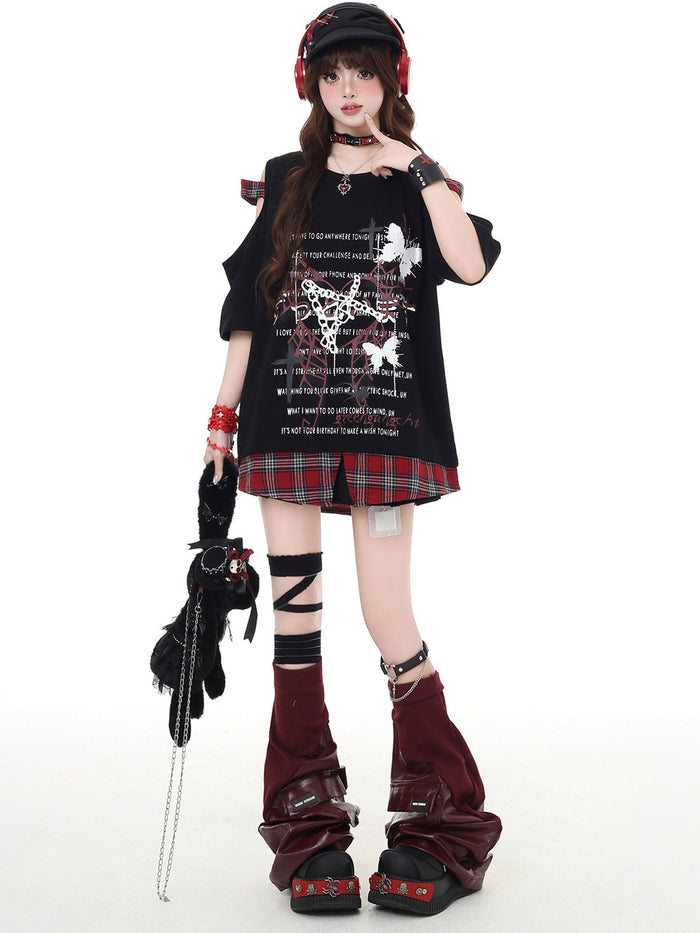 Punk Plaid Cold Shoulder T-Shirt