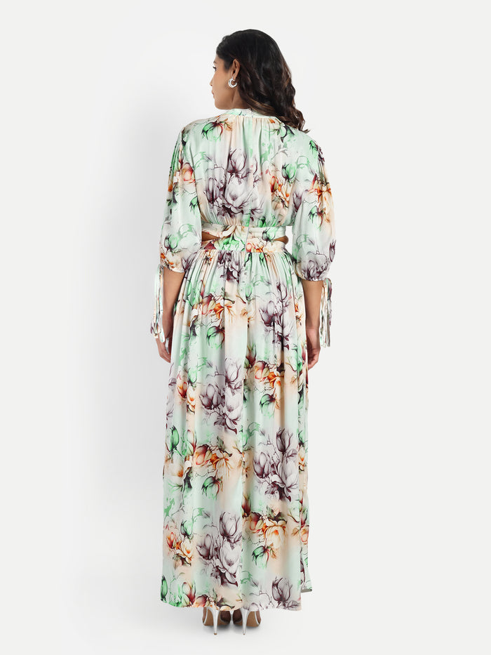 Women’s green floral Selesia dress with flowy maxi fit, side slit and elegant stylish design