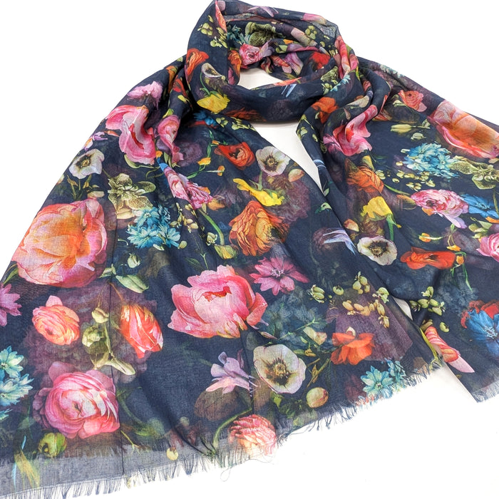 Silky Floral Scarf (70x180cm) - Navy