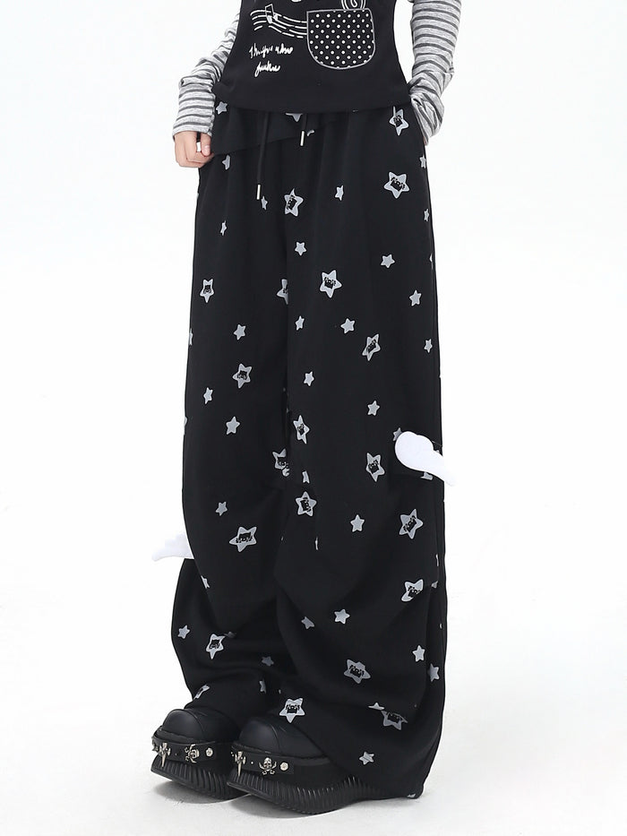Star Print Ruffle Wide Leg Pants