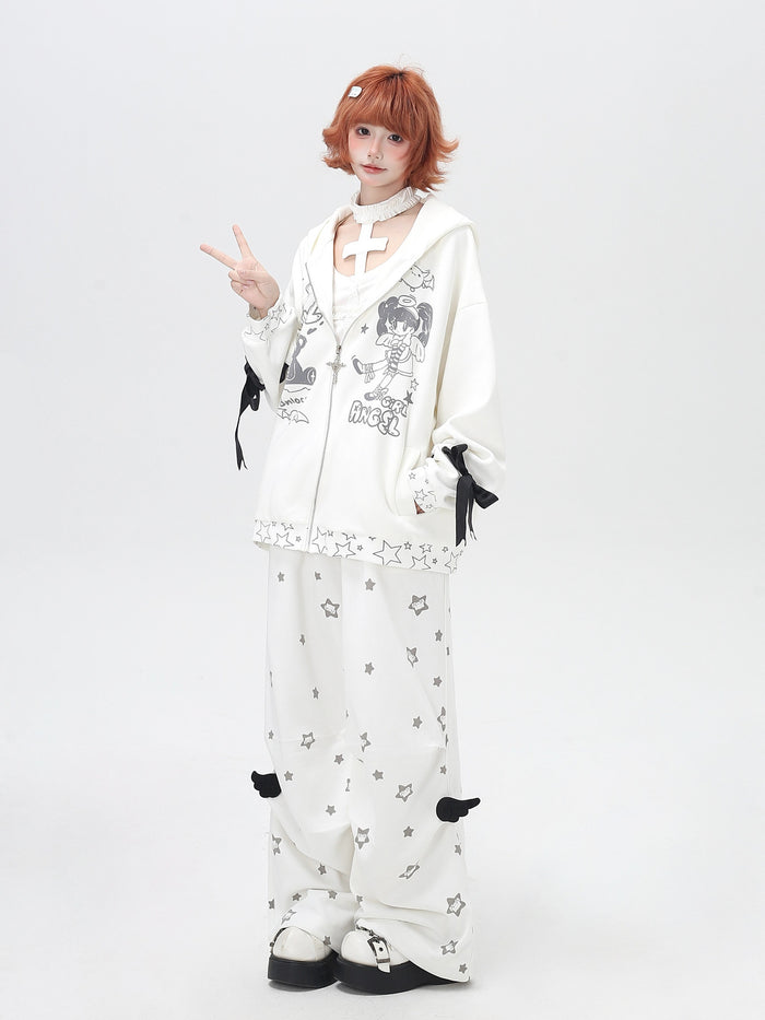 Star Print Ruffle Wide Leg Pants