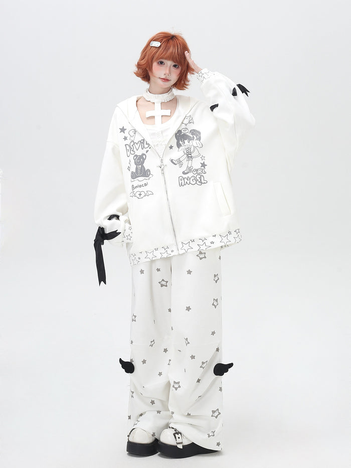 Star Print Ruffle Wide Leg Pants