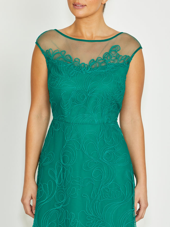 Women's Embroidered Mesh Midi Length Dress in Green | Stellar