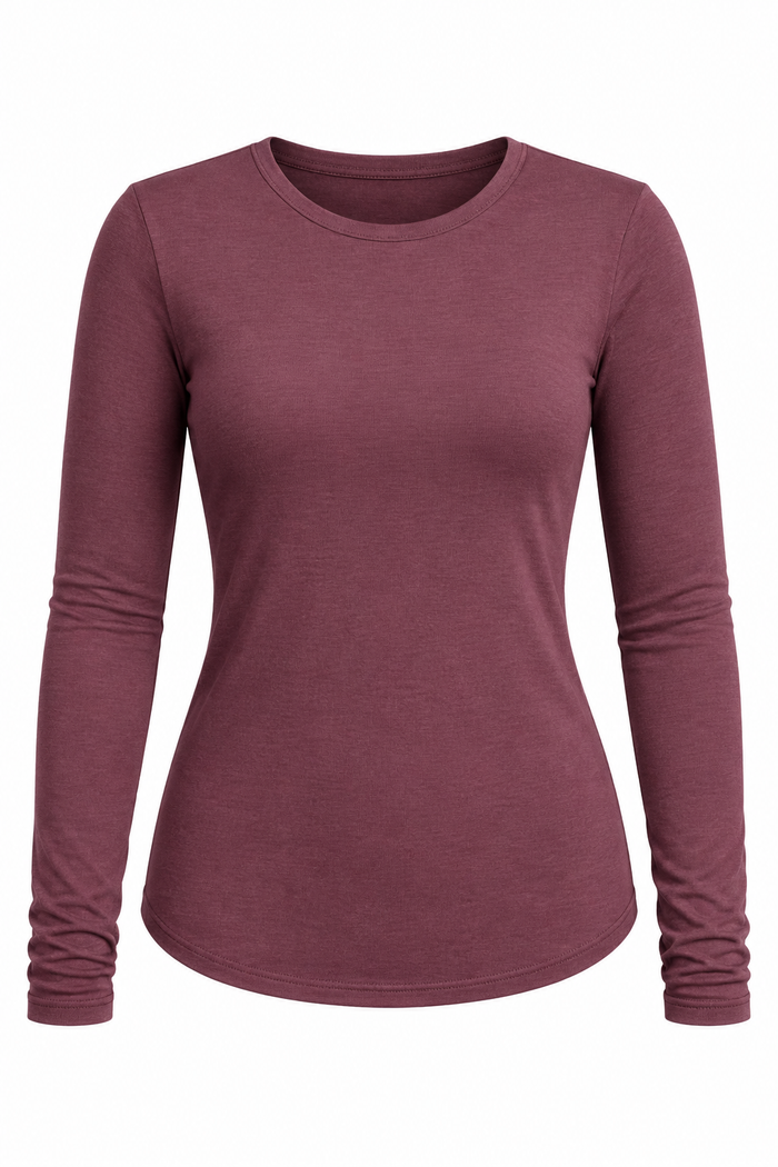 A women's long-sleeve crewneck top in a heathered dusty rose or mauve color, shown against a plain white background.