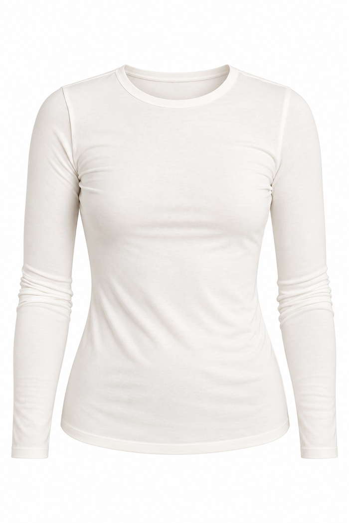 A women's long-sleeve crewneck t-shirt in off-white, shown on a ghost mannequin against a plain white background.