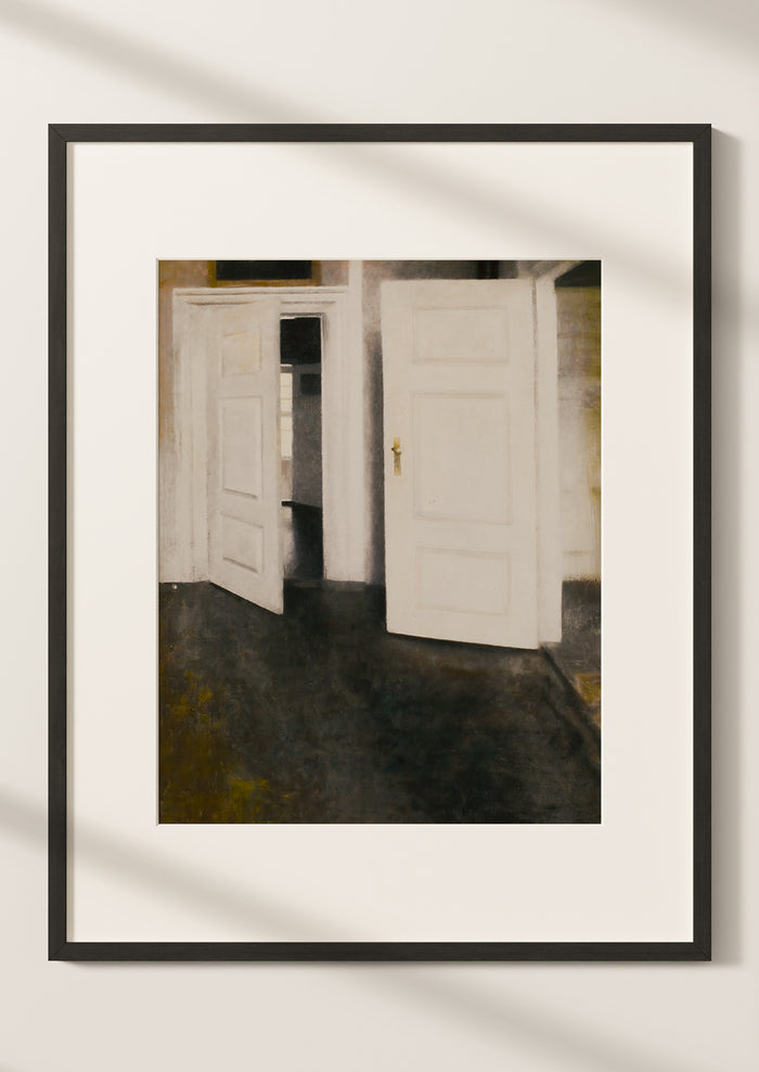 An art print of a room with two white doors.