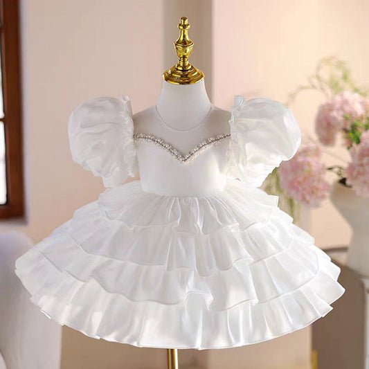 White Baby Girl Dress Toddler Kids 1st Birthday Party Gown J778