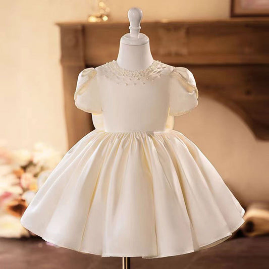 White Satin Girl Dress Toddler Kids 1st Birthday Party First Communion Gown J488