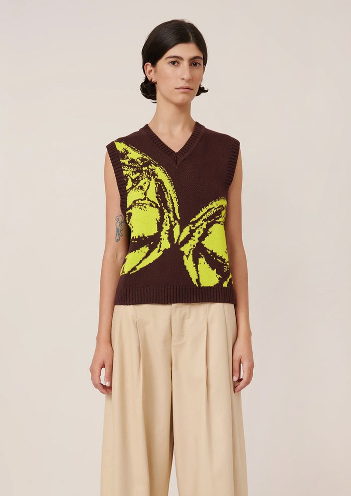 Person wearing a brown knit vest with a large yellow butterfly design.