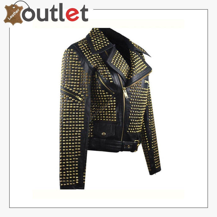 Womens Full Golden Studded Leather Jacket - Leather Outlet