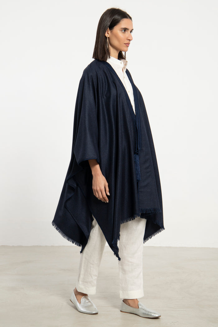 Wool & Cashmere Navy Checks Poncho