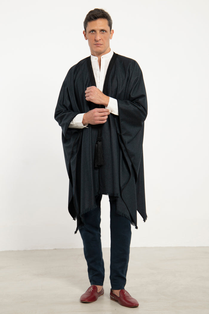Wool & Cashmere Navy & Green Poncho