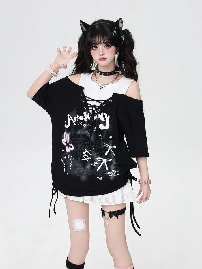 Y2K Lace-Up Faux Two-Piece Graphic Tee