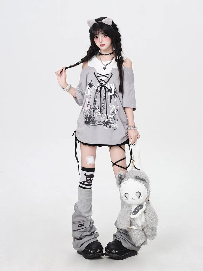Y2K Lace-Up Faux Two-Piece Graphic Tee