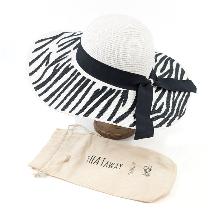 Zebra Print Wide Brim Foldable Hat (57cm) - White/Black